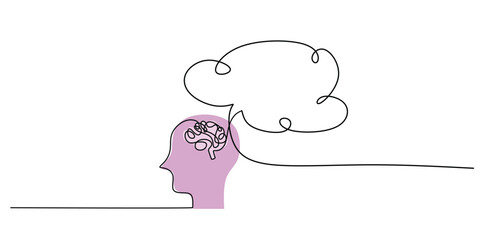 One line drawing of a human head with brain and speech bubble cloud