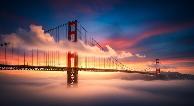 Stunning Sunset Over the Foggy Golden Gate Bridge. - Powered by Adobe