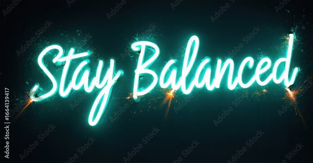 Poster bright neon sign displays stay balanced. dark background enhances glowing script. sparks add dynamic