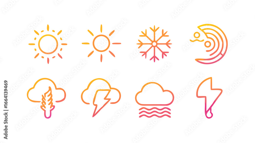 Poster collection of stylized weather icons featuring a sun snowflake radar cloud with rain thunderstorm an