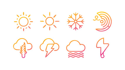 Collection of stylized weather icons featuring a sun snowflake radar cloud with rain thunderstorm and lightning bolt all rendered with a vibrant gradient on a black background