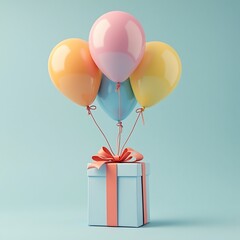 Colorful Balloons and Wrapped Gift Box on Soft Blue Background