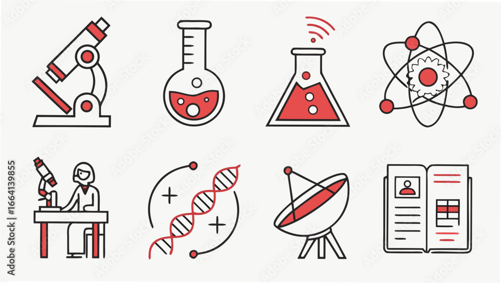 Poster a collection of science and research icons including a microscope laboratory flasks atomic structure