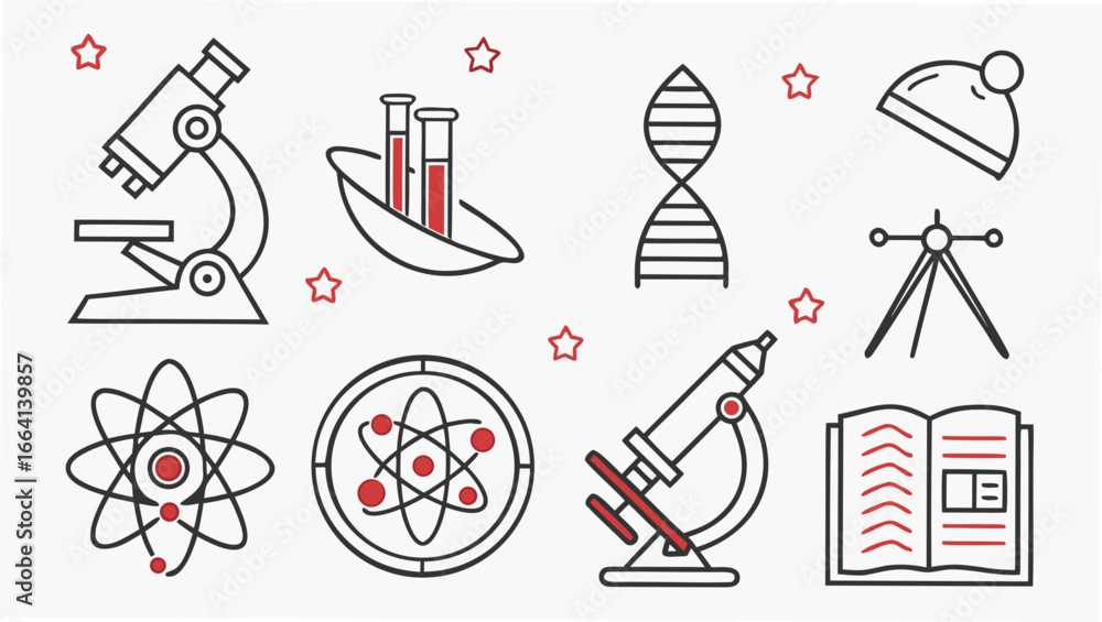 Poster a collection of science icons including microscopes test tubes dna atoms a book a beanie and a tripo