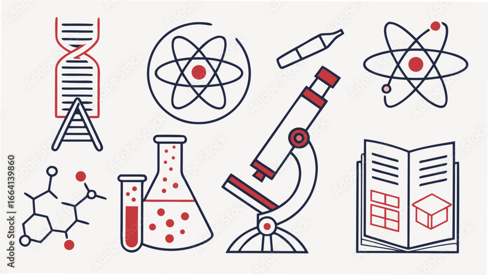 Poster a collection of scientific icons including a dna strand atomic models a microscope test tubes a chem