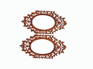 The white background image in the picture is a wooden frame decorated with carved patterns of brown leaves and flowers. It is an oval glass frame with a beautiful pattern used to decorate the house.