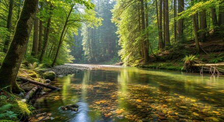 Fototapeta premium Sunbeams Illuminate a Crystal-Clear River in a Tranquil Redwood Forest