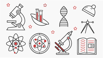 A collection of science icons including microscopes test tubes dna atoms a book a beanie and a tripod all in a simple line art style with red accents