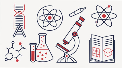 A collection of scientific icons including a dna strand atomic models a microscope test tubes a chemical formula and an open book with diagrams representing research and discovery