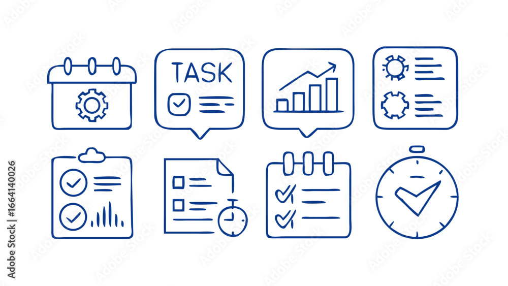 Poster a collection of blue line art icons representing business tasks scheduling progress tracking and tim