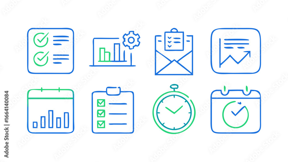 Aufkleber a collection of eight modern hand drawn style icons in blue and green representing business and prod