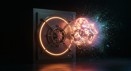 Powerful glowing explosion erupts dynamically next to a formidable, illuminated vault door, symbolizing a dramatic breach of security or immense power release