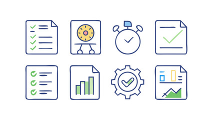 A collection of business and project management icons including checklists timelines progress charts and gears symbolizing efficiency and task completion on a black background