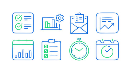 A collection of eight modern hand drawn style icons in blue and green representing business and productivity concepts like tasks charts mail and time management against a black background