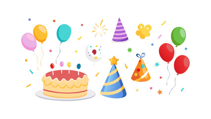 A vibrant and festive collection of birthday party elements including a delicious cake colorful balloons party hats confetti and a whimsical crescent moon with stars on a black background