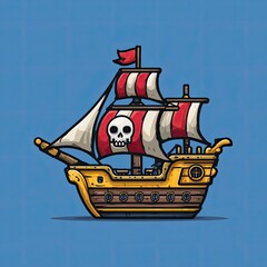 Cartoon pirate ship against a blue background