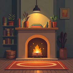 Cozy Fireplace Scene with Books and Potted Plants Illustration
