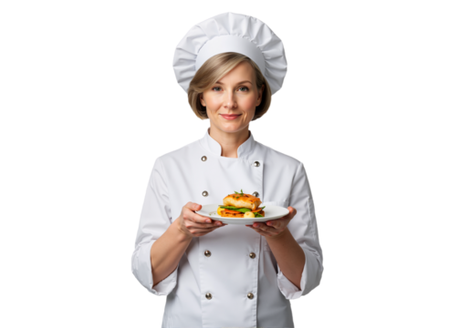 A confident female chef in a white uniform presents a beautifully plated seafood dish with a smile