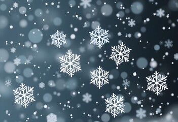 A digitally created image of falling snowflakes with blurred bokeh effects.