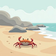 Crab on Sandy Beach with Rocks and Ocean View Illustration