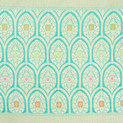 Intricate Teal and Gold Banarasi Silk Saree Pattern - Indian Textile