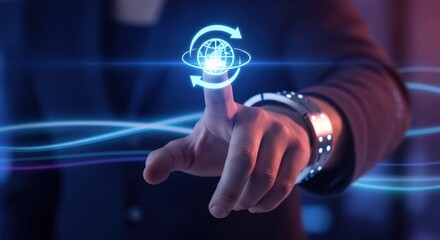 A business professional's hand with a futuristic smart watch touches a glowing digital globe icon on a virtual data screen