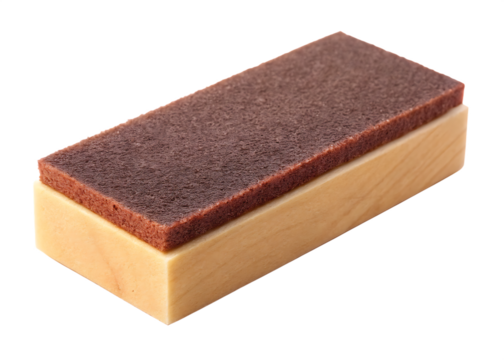 Rectangular whiteboard eraser with brown felt top and light wood base cleaning tool isolated on a transparent background