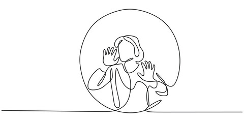 One line drawing of a person trapped alone inside a bubble