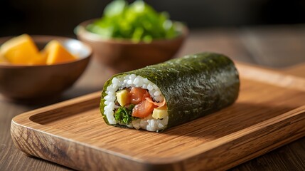 Fresh sushi roll with salmon, rice, lettuce and seaweed served on wooden tray, traditional Japanese cuisine representing healthy seafood meal, gourmet dining and Asian culinary culture