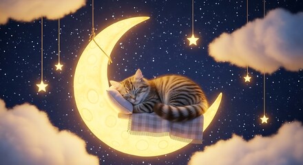 Adorable Tabby Cat Sleeping Peacefully on a Glowing Crescent Moon.