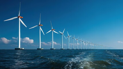 Wind Turbines on the Sea: Each Pole Raised Above Water Level in the Open Ocean with a Clear Blue Sky