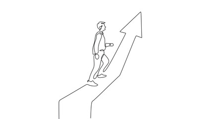One line drawing of a person walking on an ascending arrow