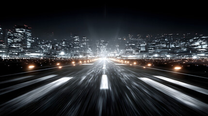 Obraz premium An airport runway at night with city lights in the background creating a sense of speed