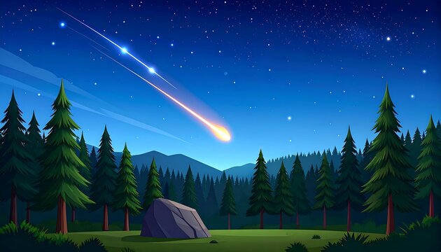 A nighttime scene depicts a spectacular meteor shower over a tranquil forest, with twinkling stars and pine trees forming a picturesque landscape. - Powered by Adobe