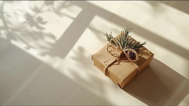 Minimalist Gift Box Presentation with Natural Elements and Sunlight Patterns