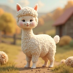 Cute Alpaca Standing in Field with Farmhouse Background