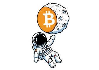 Bitcoin to the moon! An astronaut reaching for the cryptocurrency symbol on a crescent moon