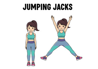 Cartoon woman character demonstrates the jumping jack exercise. A step-by-step visual guide for a full body cardio workout and aerobic fitness