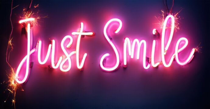 Bright pink neon sign displays Just Smile. Sparks emanate from lettering against dark purple background. Positive message, uplifting vibes.