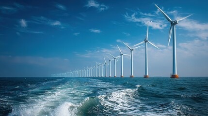 Wind Turbines on the Sea: Each Pole Raised Above Water Level in the Open Ocean with a Clear Blue Sky