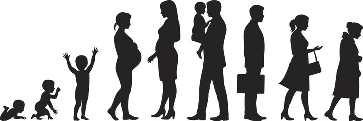 Human life stages from infancy to old age, pregnancy, family growth, parenting, motherhood, career, aging process, silhouette, life progression, development, cycle of life.