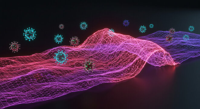 Abstract visualization of coronavirus cells spreading across a vibrant, futuristic digital wave network in a microscopic view