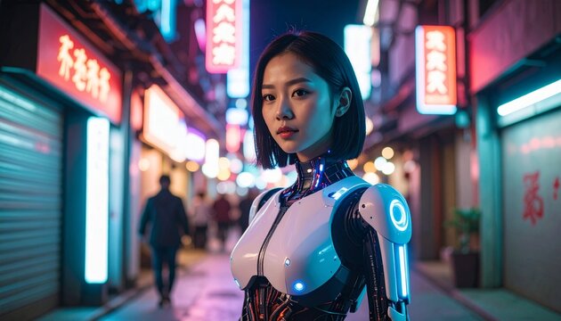 Asian woman as a futuristic robot in a cyberpunk city street at night. - Powered by Adobe
