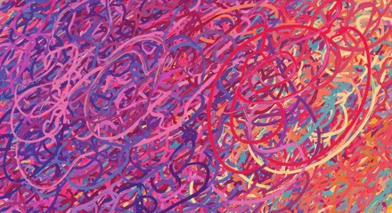 Abstract art featuring chaotic lines in pinks and purples