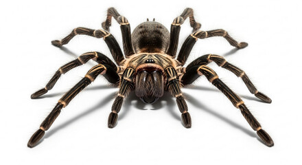 A close-up studio shot of a large, hairy tarantula spider with intricate markings on its body and legs, isolated on a white background.
