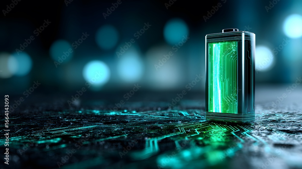 Poster glowing battery on circuit board with futuristic background