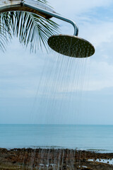 Tropical beach paradise outdoor shower with palm trees and sea views