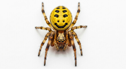 Fototapeta premium A striking close-up of a yellow spider with a distinctive smiley face pattern on its abdomen.