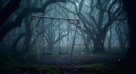 Fototapeta premium Enchanted Evening: A Swing Set Amongst Mystical Fireflies in the Forest, Whimsical Playground: A Swing Set in a Dark Forest Illuminated by Fireflies