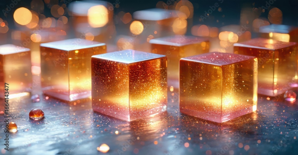 Aufkleber glowing cubes illuminate dark surface. orange light radiates from within, creating sparkling effect.